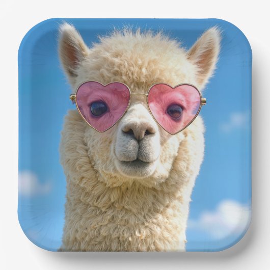 Alpaka mit rosa herzförmiger Brille Pappteller (Vorderseite)