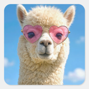 Alpaka mit rosa herzförmiger Brille Quadratischer Aufkleber