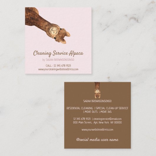 Alpaka Zweiseitig Rosa | Süßes Farmtier Quadratische Visitenkarte (Vorne/Hinten)