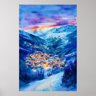 Alpe Dhuez Aquarell Vintage Reiseposter Ski Poster