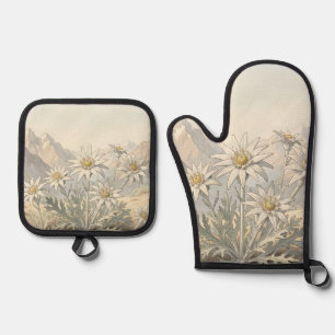 Alpen-Edelweiß-Blumen Berglandschaft Ofenhandschuh & Topflappen-Set