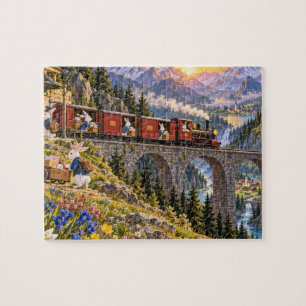 Alpen-Hasen-Postzug-Sonnenaufgang-Puzzle Puzzle