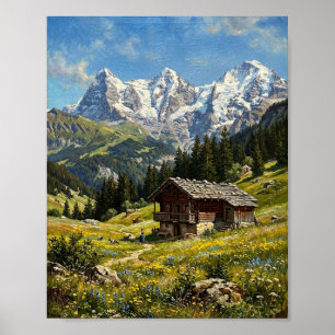 Alpenchalets im alten Stil im schneebedeckten Tal Poster