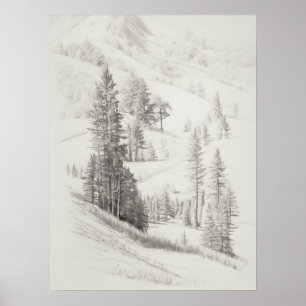 Alpengebirge und Bäume Sketch, Vintage Ätzung, Poster