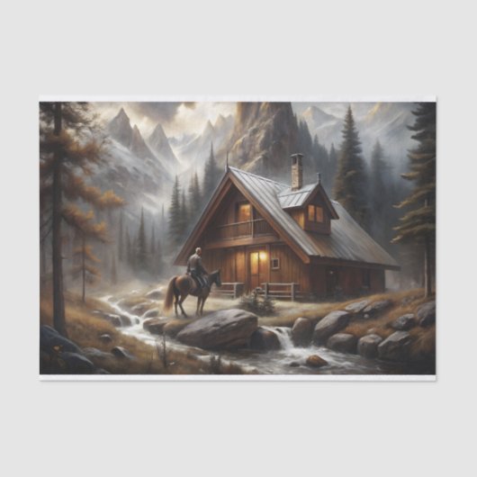 Alpenhütte Horseback Schneeszene Decoupage Seidenpapier (Vorderseite)