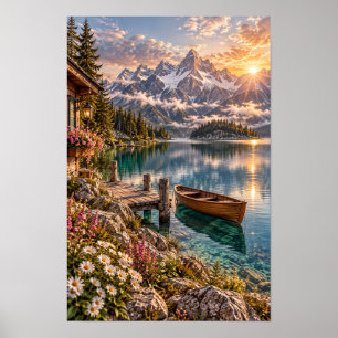 Alpensee-Ruderboot-Berg-Wandkunst aus Wildblumen Poster