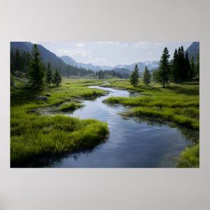 Alpental Bach Grüne Wiesen Schneebedeckte Gipfel Poster