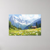 Alpenwiese mit Blume und kleiner Hütte Leinwanddruck (Vorderseite)