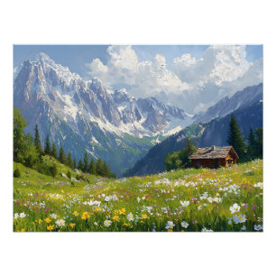 Alpenwiese mit Blume und kleiner Hütte Poster