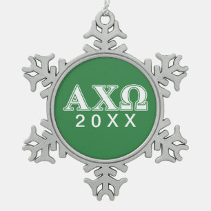 Alpha Chi Omega Weiße und Grüne Buchstaben Schneeflocken Zinn-Ornament