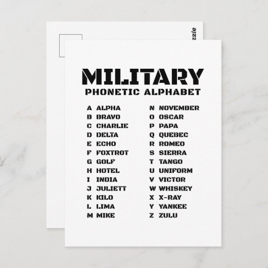 Alpha to Zulu - Phonetische Alphabet Chart Postkarte (Vorne/Hinten)