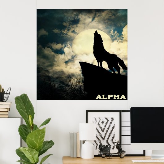 Alpha Wolf Howling am Vollmond Poster (Heimbüro)