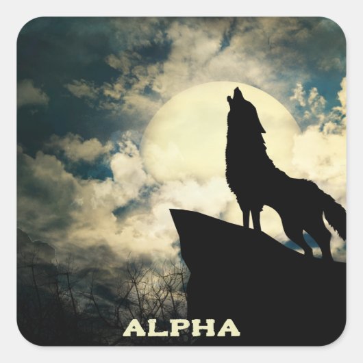 Alpha Wolf Howling am Vollmond Quadratischer Aufkleber (Vorderseite)