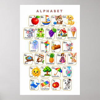 Alphabet A bis Z Tiere und Objekte Kinder Poster