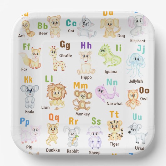 Alphabet Animal ABC Niedliche Tiere Pappteller (Vorderseite)