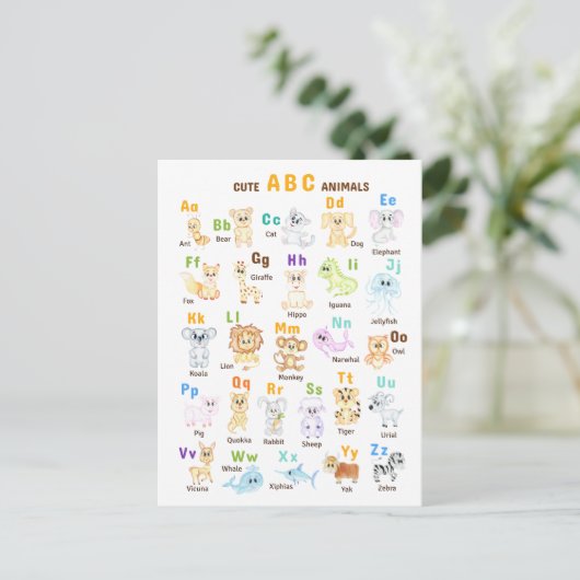 Alphabet Animal ABC Niedliche Tiere Postkarte (Stehend Vorderseite)