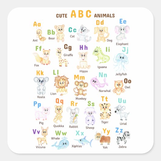 Alphabet Animal ABC Niedliche Tiere Quadratischer Aufkleber (Vorderseite)