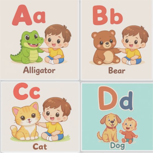 Alphabet Animals Sticker Sheet A–D (Vorderseite)
