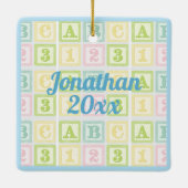 Alphabet Baby Boy Blue Keepake Name Datum Keramikornament (Rückseite)