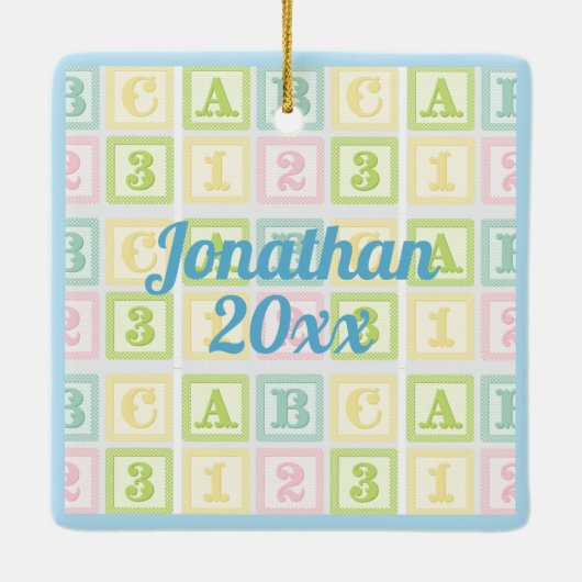 Alphabet Baby Boy Blue Keepake Name Datum Keramikornament (Rückseite)