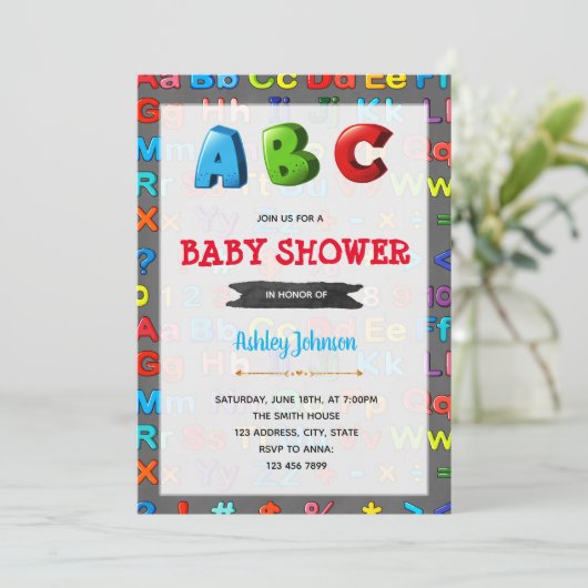 Alphabet-Babypartyeinladung Einladung (Stehend Vorderseite)