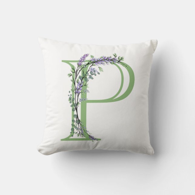 Alphabet Brief P Aquarelllavender Eukalyptus Kissen (Vorderseite)