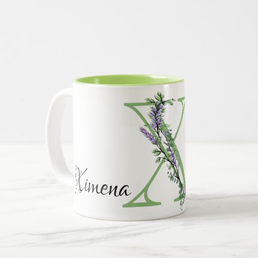 Alphabet Buchstabe X, Aquarelllavender botanisch Zweifarbige Tasse (Vorderseite Links)