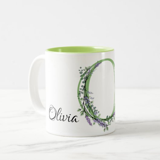 Alphabet Letter O, Aquarelllavender botanisch Zweifarbige Tasse (Vorderseite Links)