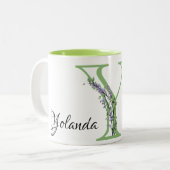 Alphabet Letter Y, Aquarelllavender botanisch Zweifarbige Tasse (Vorderseite Links)