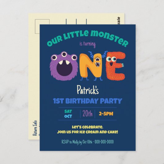 Alphabet Monster 1. Geburtstag Unser kleines Monst Postkarte (Vorne/Hinten)