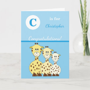 Alphabet Name neues Baby süße Giraffen blau Karte