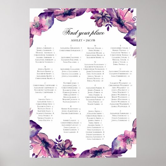 Alphabet Sitzkarte. Lila und rosa Blume Poster (Vorne)