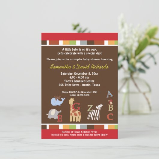 Alphabet Soup Jungle Baby Shower Invite (Braun) Einladung (Stehend Vorderseite)