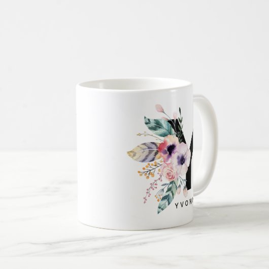 Alphabet-Tassen-Monogramm Boho Wasserfarbe der Kaffeetasse (VorderseiteRechts)