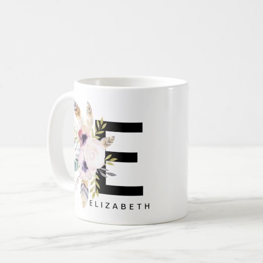 Alphabet-Tassen-Monogramm Boho Wasserfarbe der Kaffeetasse (Vorderseite Links)