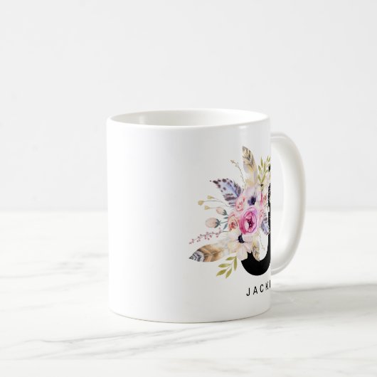 Alphabet-Tassen-Monogramm Boho Wasserfarbe der Kaffeetasse (VorderseiteRechts)
