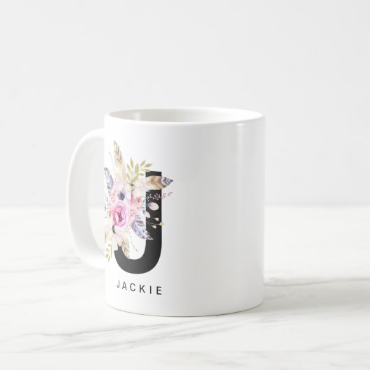 Alphabet-Tassen-Monogramm Boho Wasserfarbe der Kaffeetasse (Vorderseite Links)