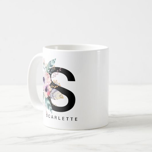 Alphabet-Tassen-Monogramm Boho Wasserfarbe der Kaffeetasse (Vorderseite Links)