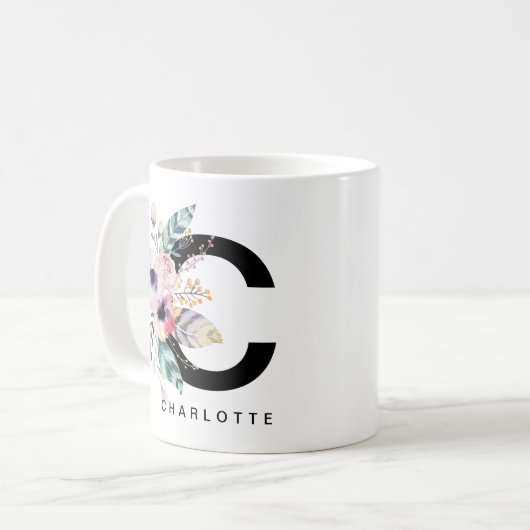 Alphabet-Tassen-Monogramm Boho Wasserfarbe der Kaffeetasse (Vorderseite Links)