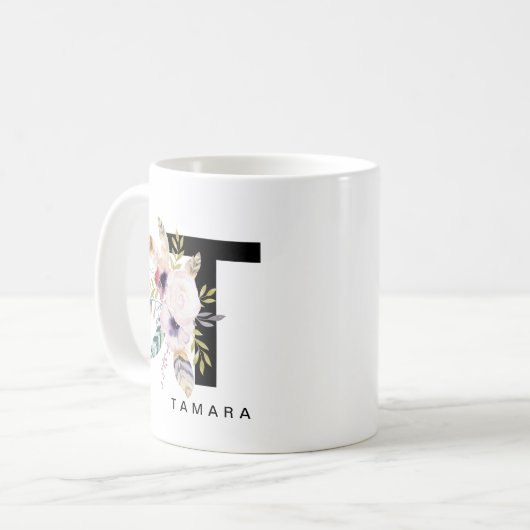 Alphabet-Tassen-Monogramm Boho Wasserfarbe der Kaffeetasse (Vorderseite Links)