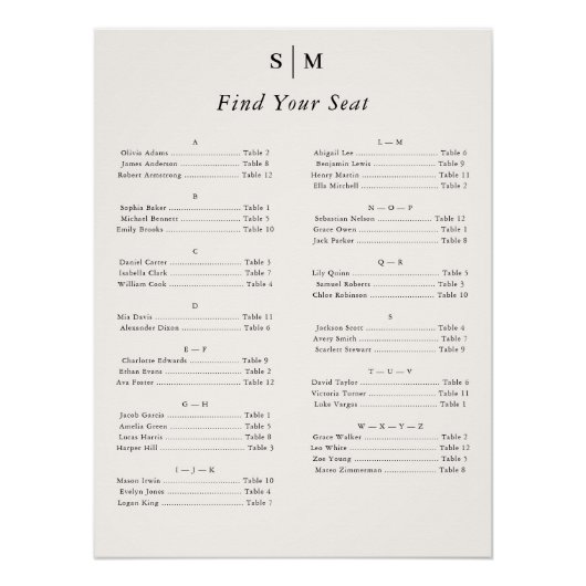 Alphabetical Classic Monogram Seating Chart (Vorderseite)