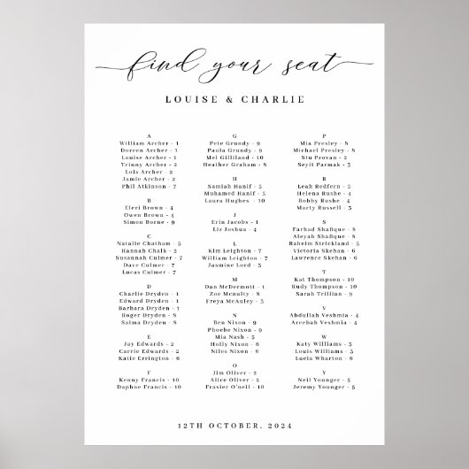 Alphabetical Elegant Wedding Seating Chart Poster (Vorne)