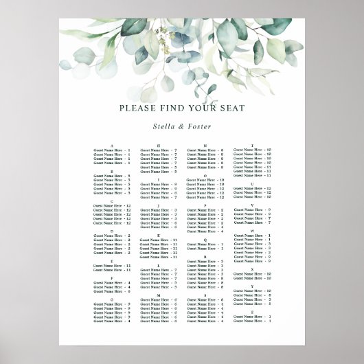 ALPHABETIKALE Orderform Elegante Hochzeitstabelle Poster (Vorne)