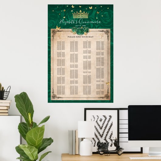 Alphabetische Grün und Gold Elegante Rose Sitzplät Poster (Heimbüro)