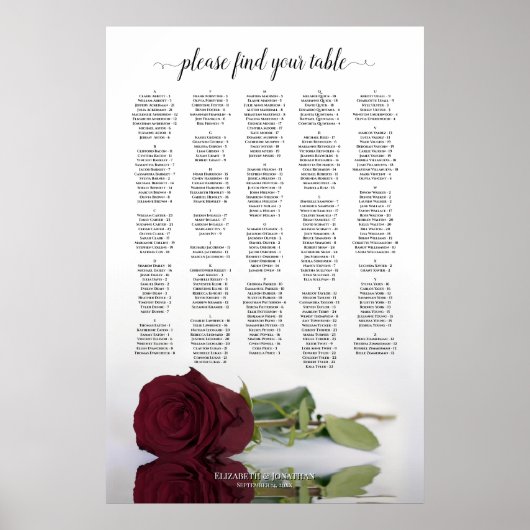 Alphabetische Hochzeitstabelle der Burgunder Rose Poster (Vorne)