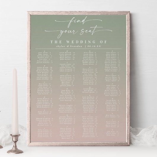 Alphabetische Hochzeitstabelle grün und rosa Poster