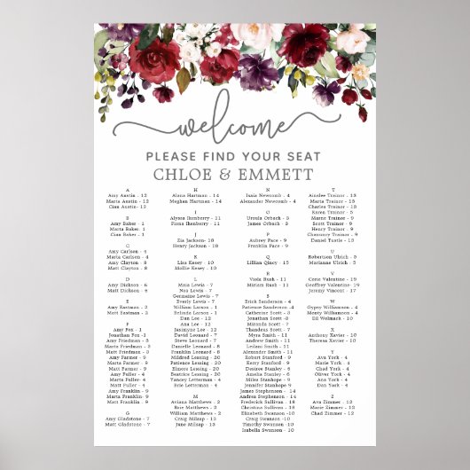 Alphabetische Hochzeitstabelle in Rosa Poster (Vorne)