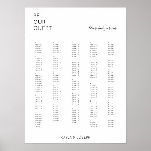 Alphabetische Hochzeitstabelle Poster (Vorne)