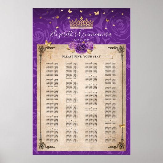 Alphabetische Lila Lavendel Gold Rose Sitzplätze Poster (Vorne)