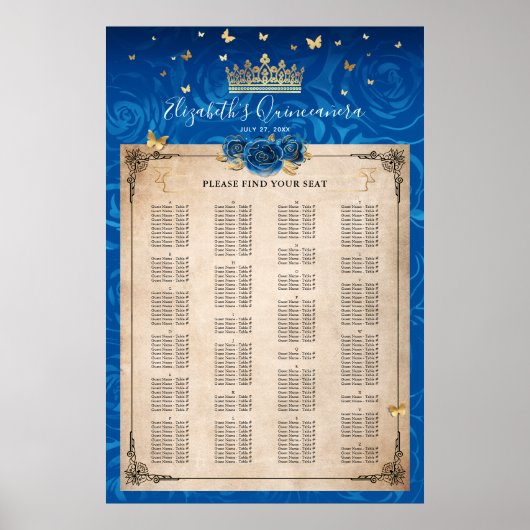Alphabetische Royal Blue and Gold Rose Sitzplätze Poster (Vorne)